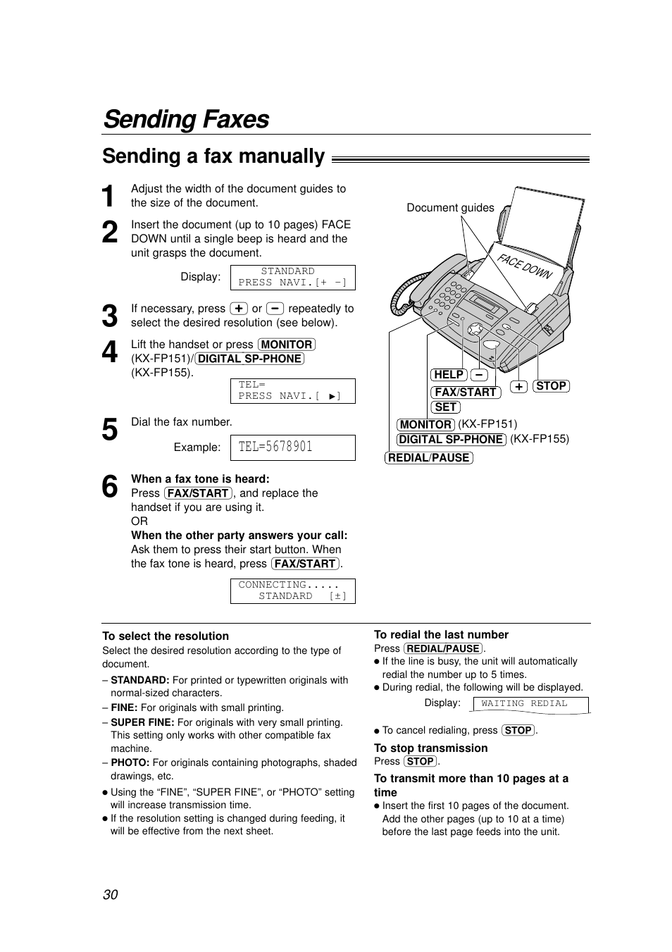 Sending faxes, Sending a fax manually | Panasonic KX-FP155AL User Manual | Page 30 / 88