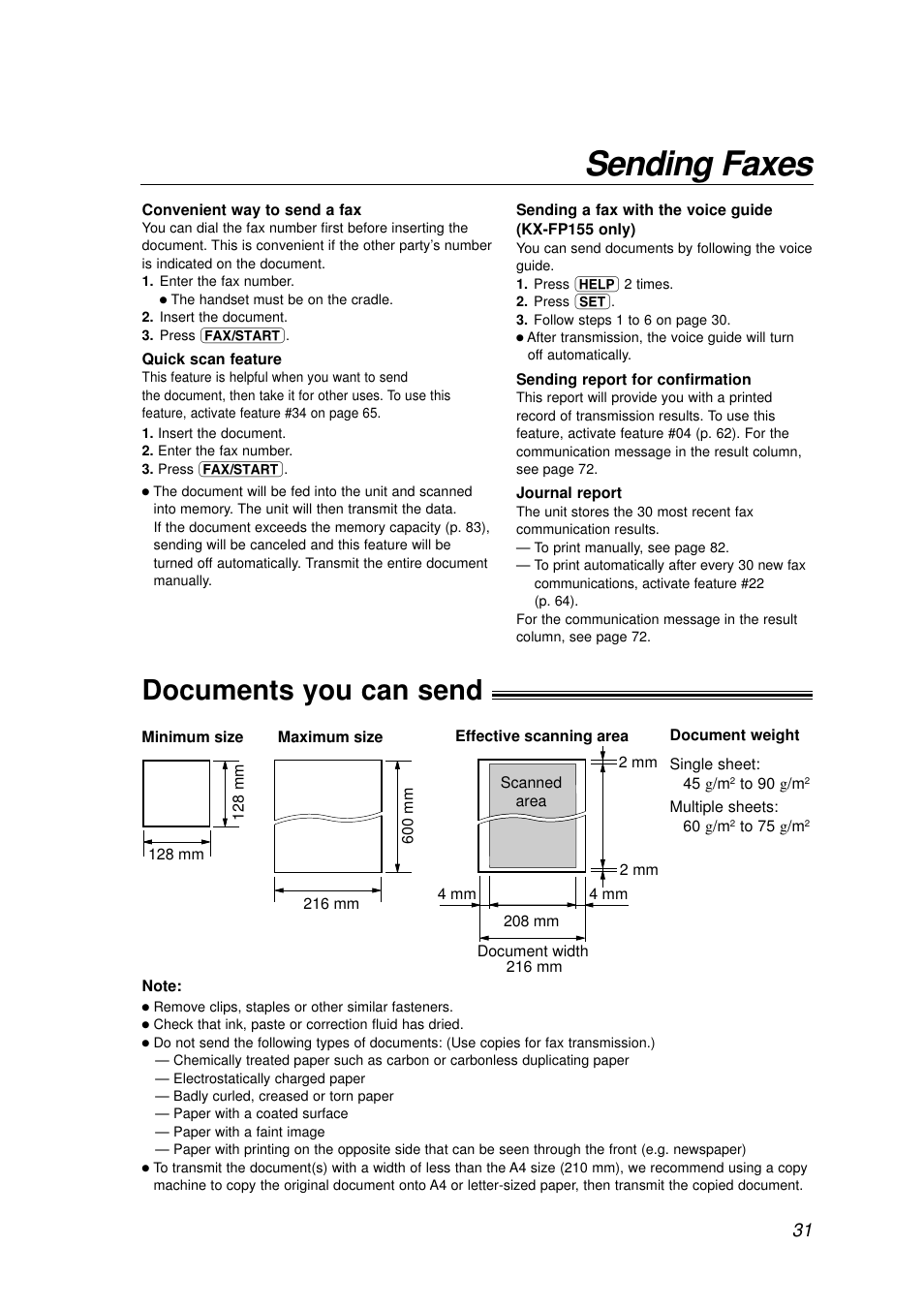 Sending faxes, Documents you can send | Panasonic KX-FP155AL User Manual | Page 31 / 88