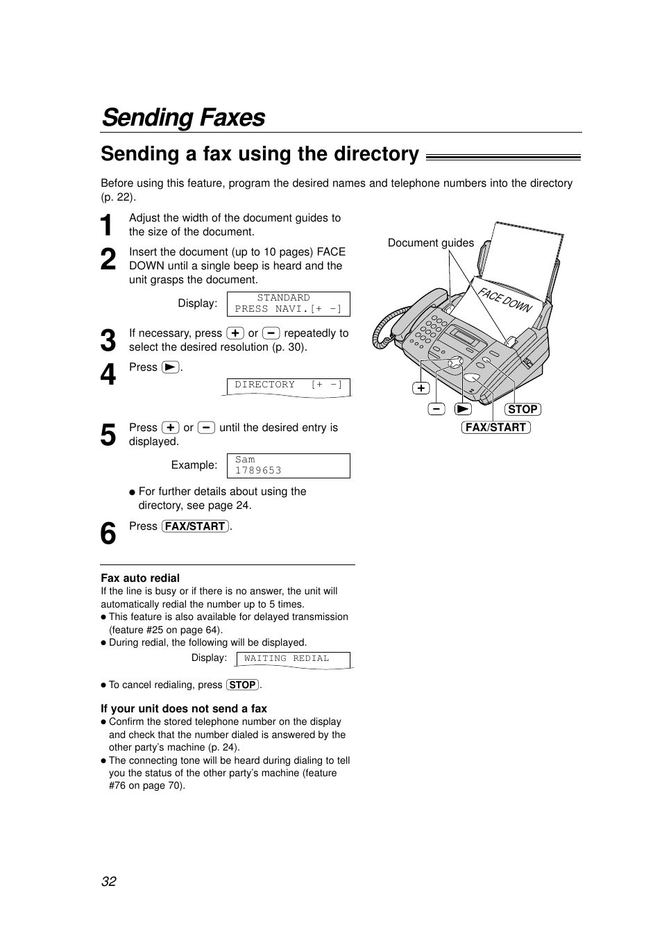 Sending faxes, Sending a fax using the directory | Panasonic KX-FP155AL User Manual | Page 32 / 88