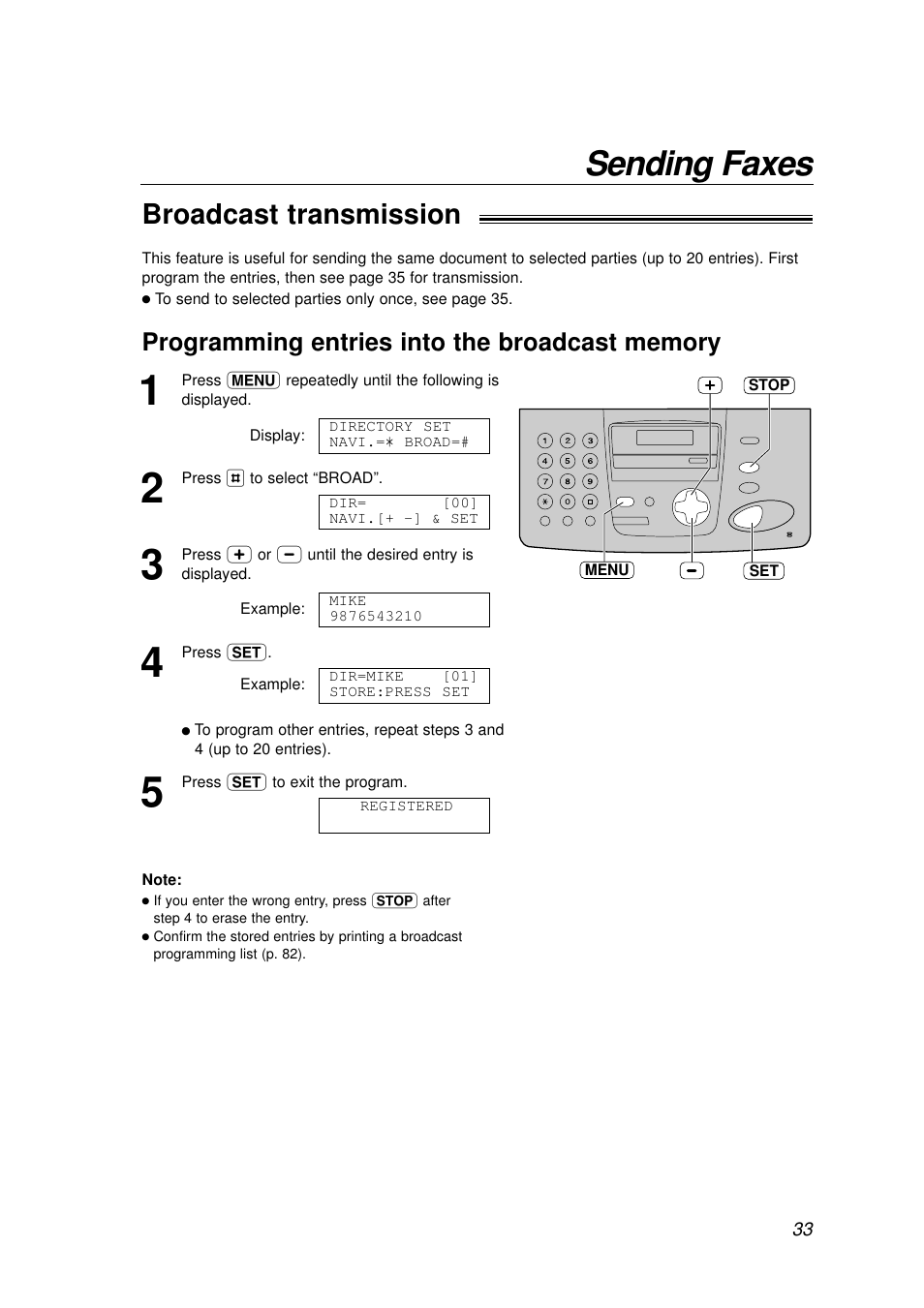 Sending faxes, Broadcast transmission | Panasonic KX-FP155AL User Manual | Page 33 / 88