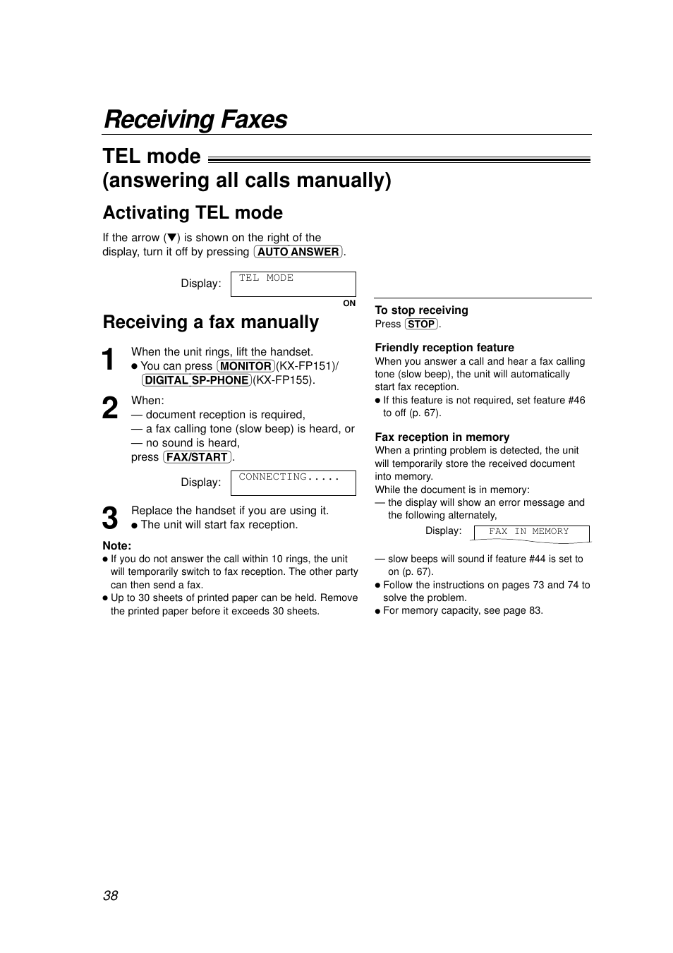 Receiving faxes, Tel mode ! (answering all calls manually), Activating tel mode | Receiving a fax manually | Panasonic KX-FP155AL User Manual | Page 38 / 88