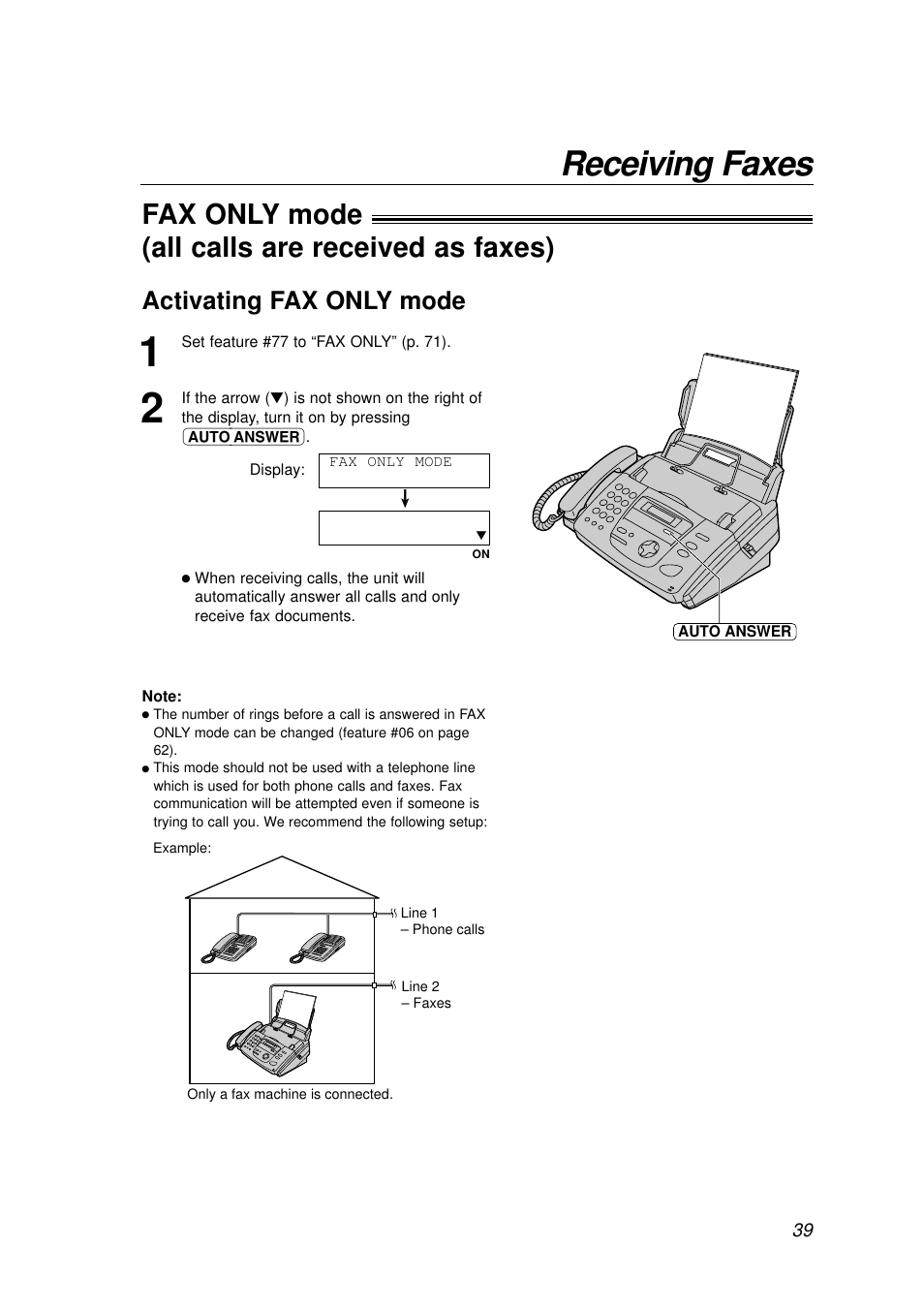 Receiving faxes, Fax only mode ! (all calls are received as faxes), Activating fax only mode | Panasonic KX-FP155AL User Manual | Page 39 / 88