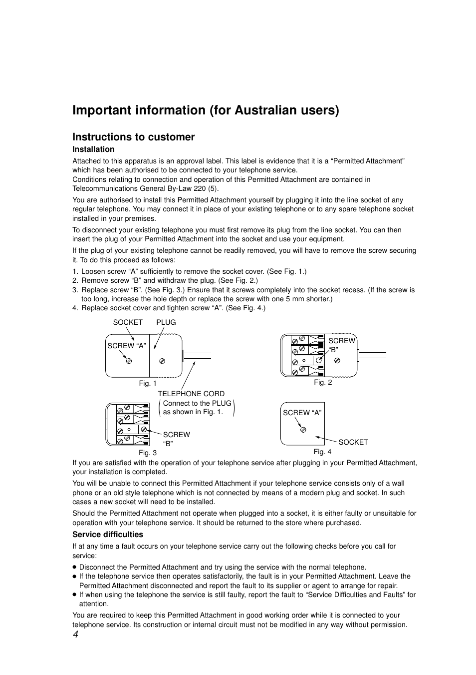 Important information (for australian users), Instructions to customer | Panasonic KX-FP155AL User Manual | Page 4 / 88