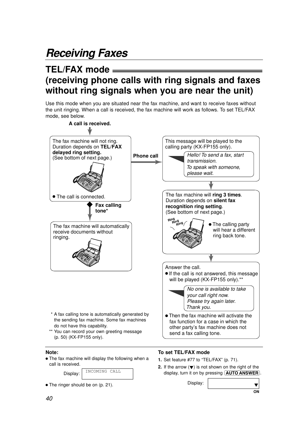 Receiving faxes | Panasonic KX-FP155AL User Manual | Page 40 / 88