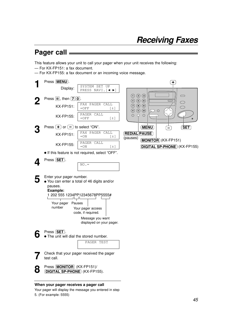 Receiving faxes, Pager call | Panasonic KX-FP155AL User Manual | Page 45 / 88