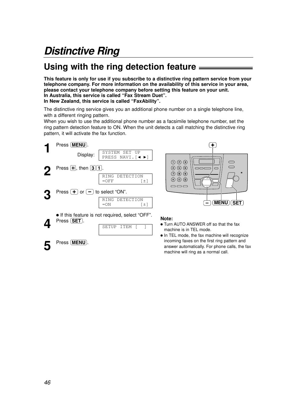 Distinctive ring, Using with the ring detection feature | Panasonic KX-FP155AL User Manual | Page 46 / 88