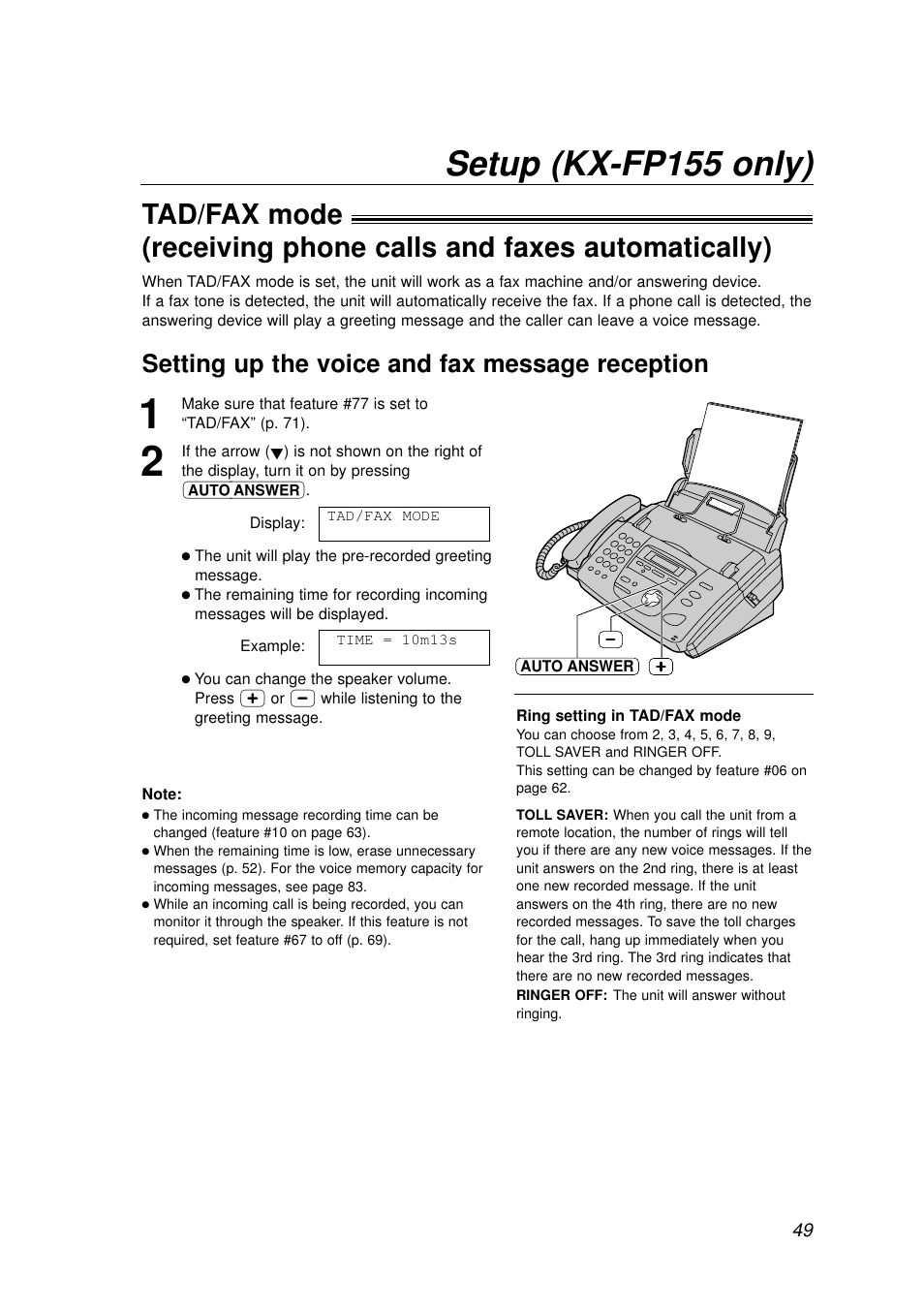 Setup (kx-fp155 only), Setting up the voice and fax message reception | Panasonic KX-FP155AL User Manual | Page 49 / 88