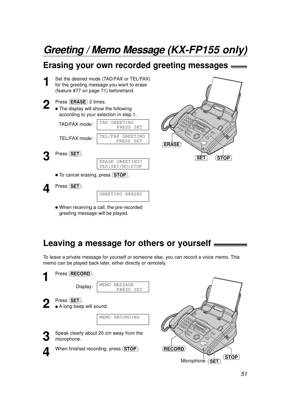 Erasing your own recorded greeting messages, Leaving a message for others or yourself | Panasonic KX-FP155AL User Manual | Page 51 / 88