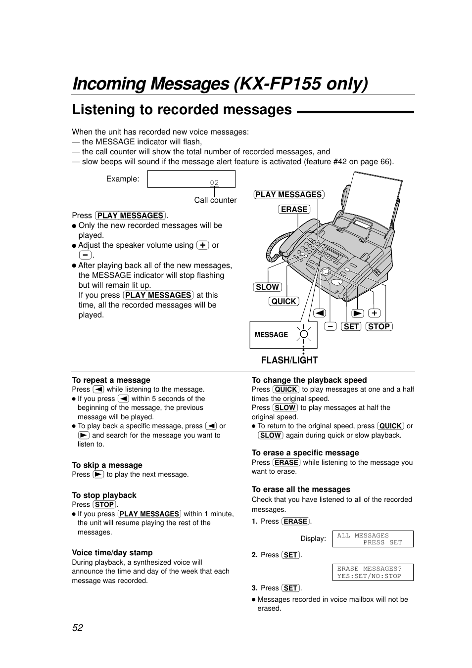 Incoming messages (kx-fp155 only), Listening to recorded messages, Flash/light | Panasonic KX-FP155AL User Manual | Page 52 / 88