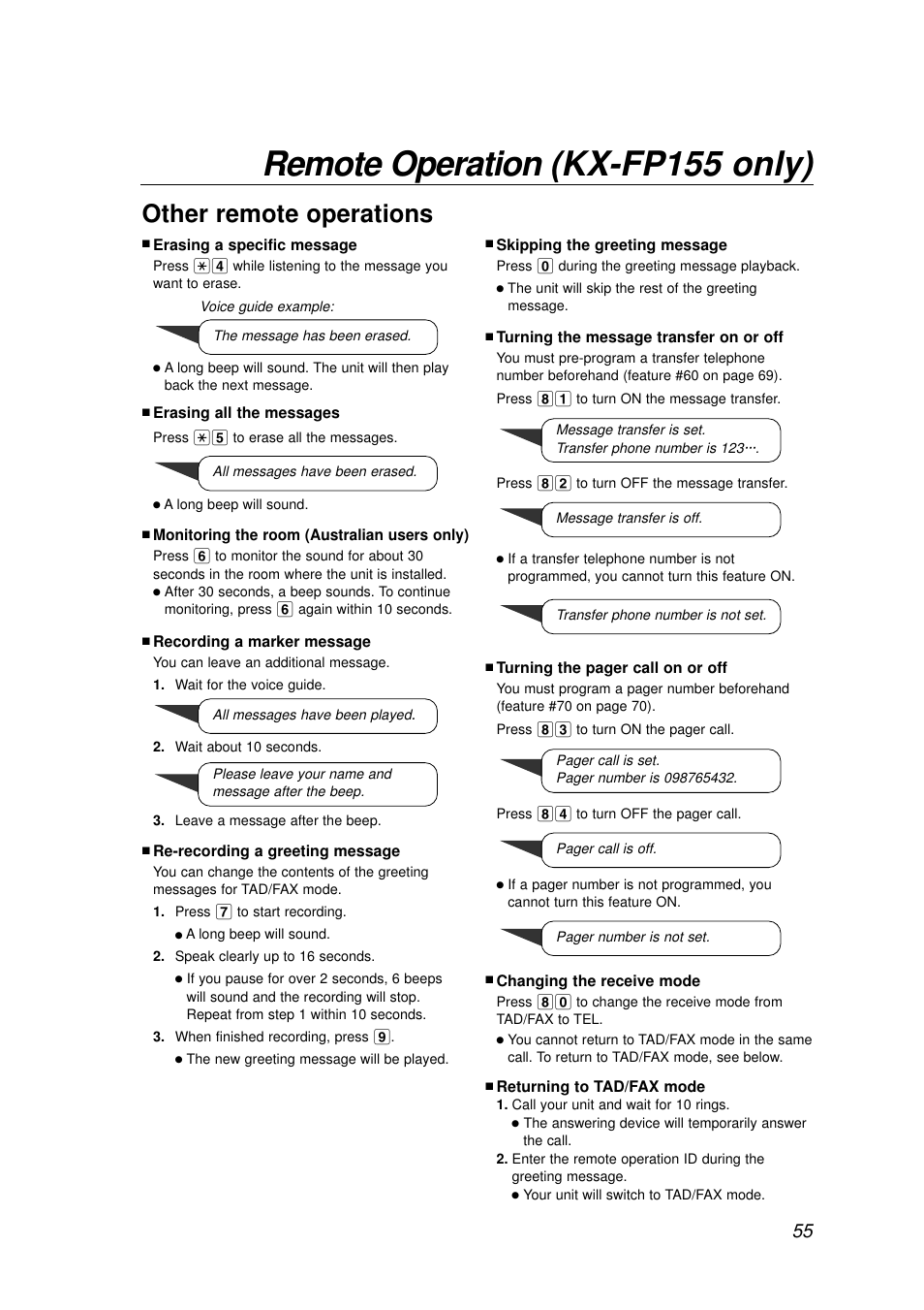 Remote operation (kx-fp155 only), Other remote operations | Panasonic KX-FP155AL User Manual | Page 55 / 88