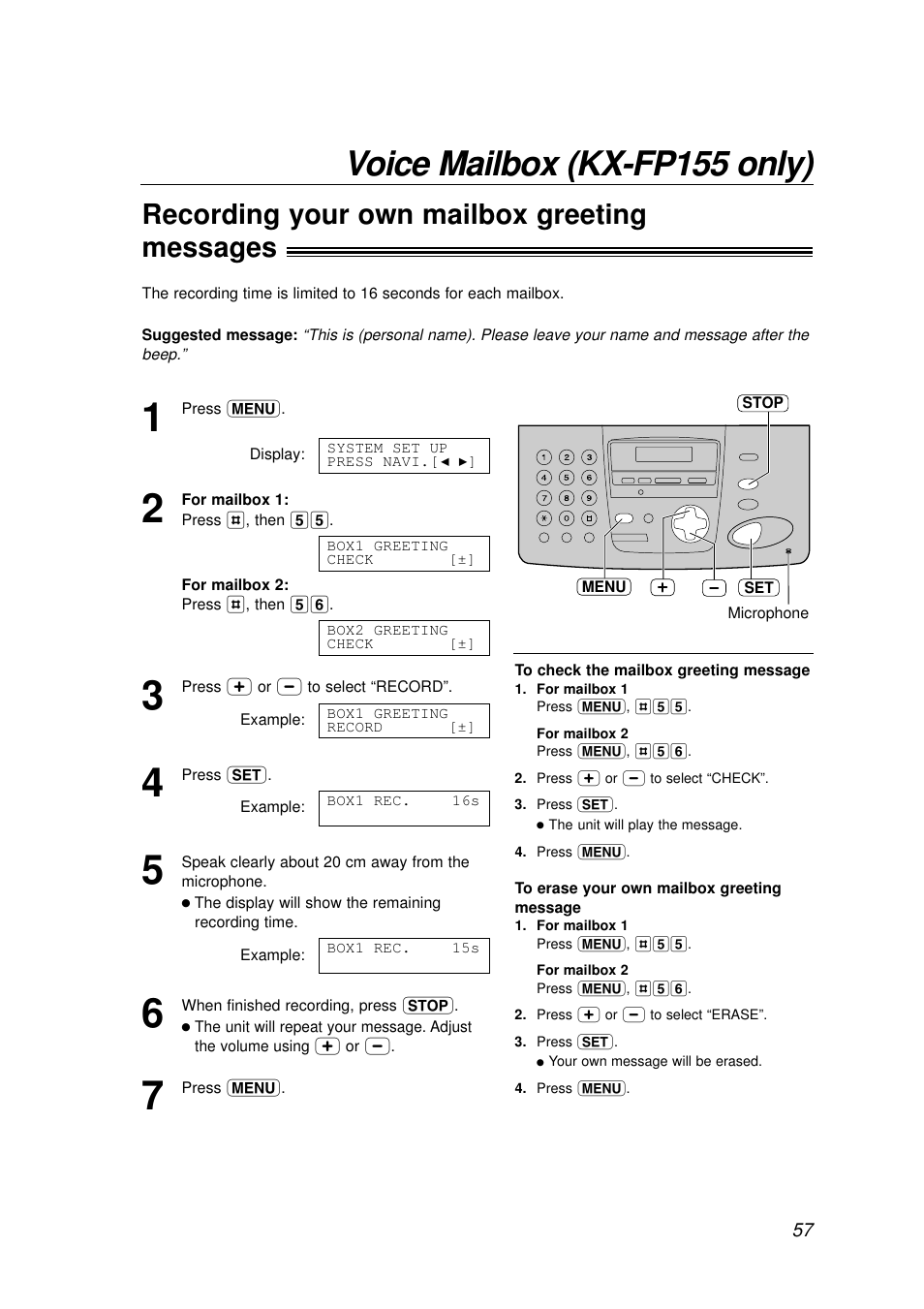 Voice mailbox (kx-fp155 only), Recording your own mailbox greeting messages | Panasonic KX-FP155AL User Manual | Page 57 / 88