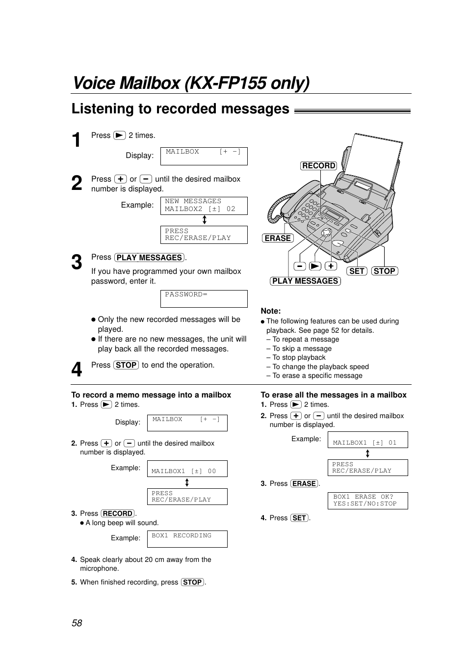 Voice mailbox (kx-fp155 only), Listening to recorded messages | Panasonic KX-FP155AL User Manual | Page 58 / 88