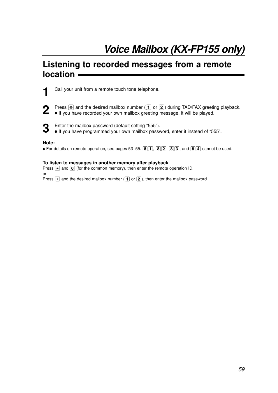 Voice mailbox (kx-fp155 only) | Panasonic KX-FP155AL User Manual | Page 59 / 88