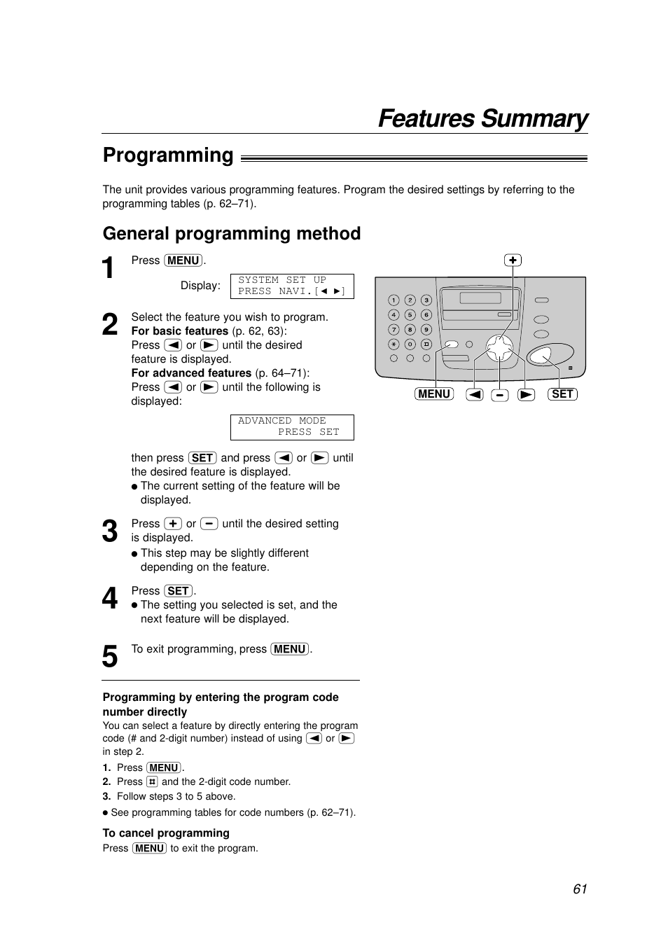 Features summary, Programming, General programming method | Panasonic KX-FP155AL User Manual | Page 61 / 88