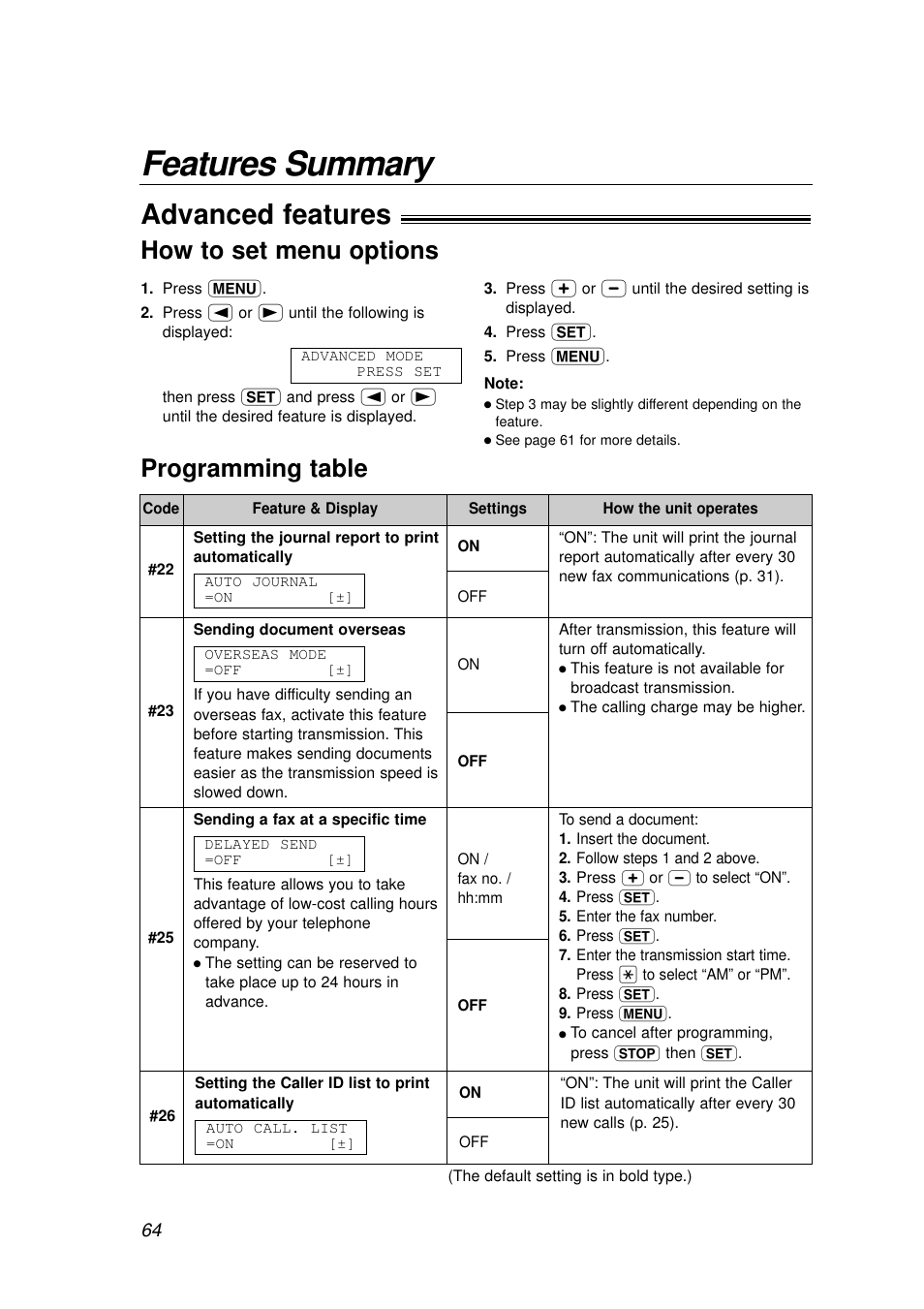 Features summary, Advanced features, How to set menu options programming table | Panasonic KX-FP155AL User Manual | Page 64 / 88