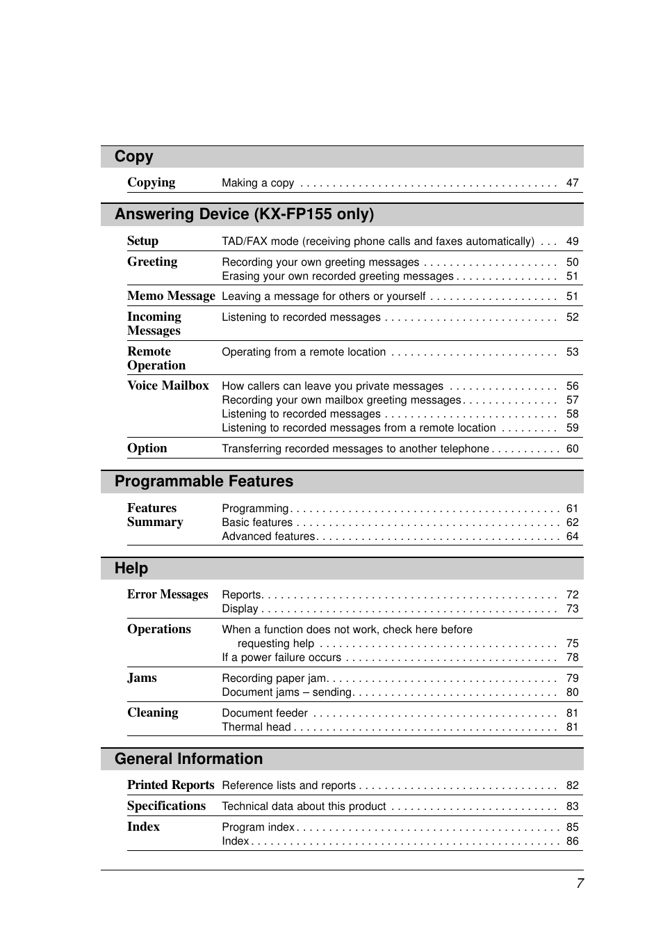 Copy, Help, General information | Panasonic KX-FP155AL User Manual | Page 7 / 88