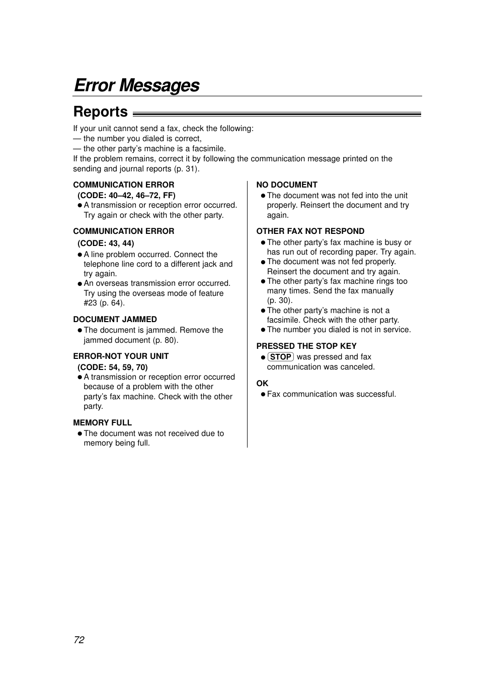 Error messages, Reports | Panasonic KX-FP155AL User Manual | Page 72 / 88