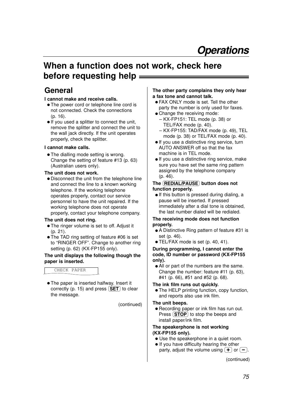 Operations, General | Panasonic KX-FP155AL User Manual | Page 75 / 88