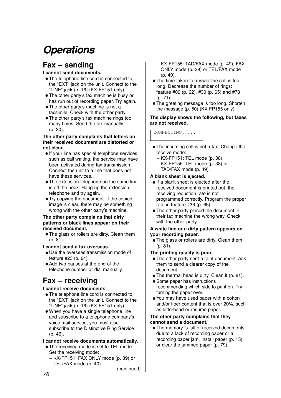 Operations, Fax – sending, Fax – receiving | Panasonic KX-FP155AL User Manual | Page 76 / 88