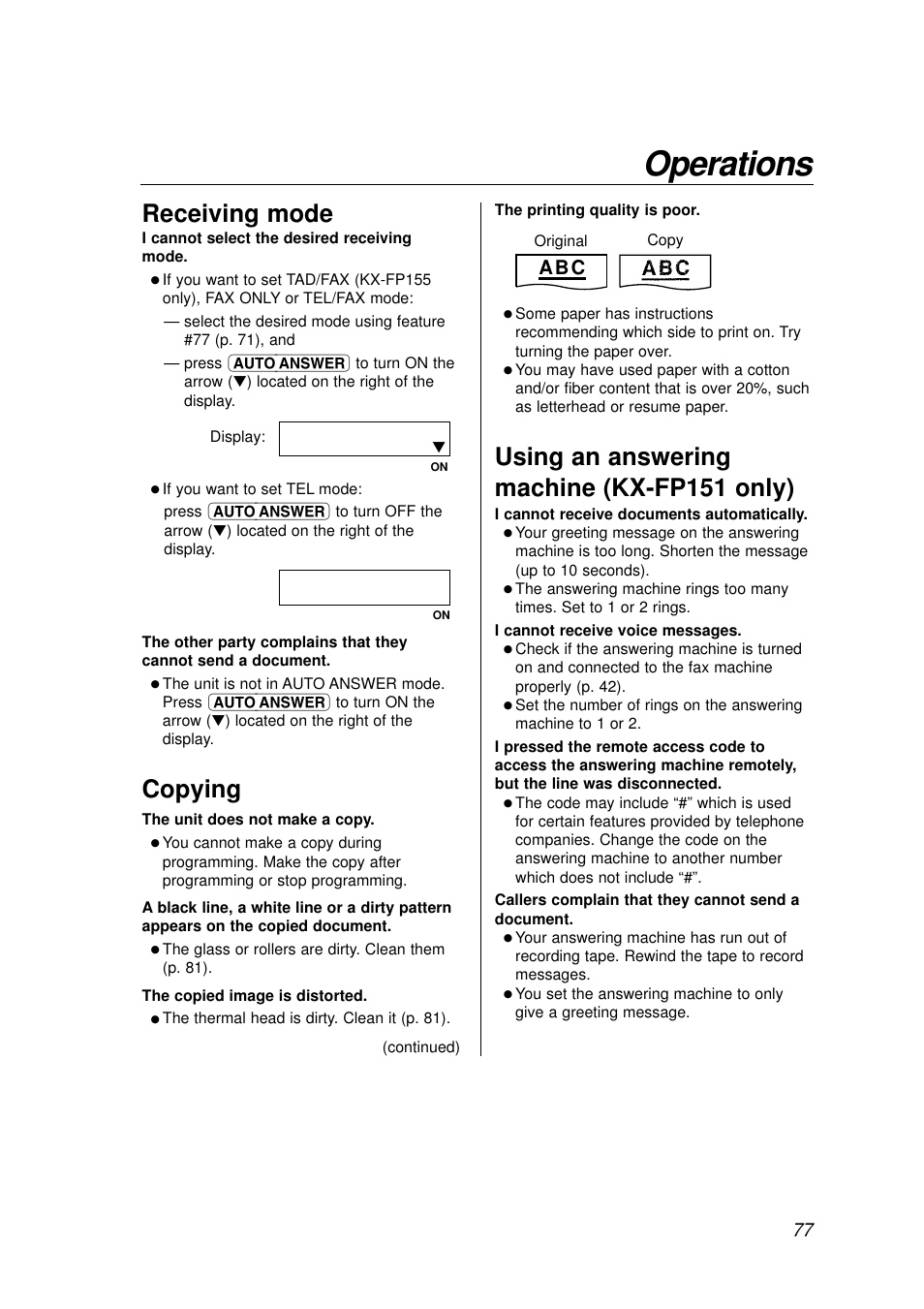 Operations, Receiving mode, Copying | Using an answering machine (kx-fp151 only) | Panasonic KX-FP155AL User Manual | Page 77 / 88