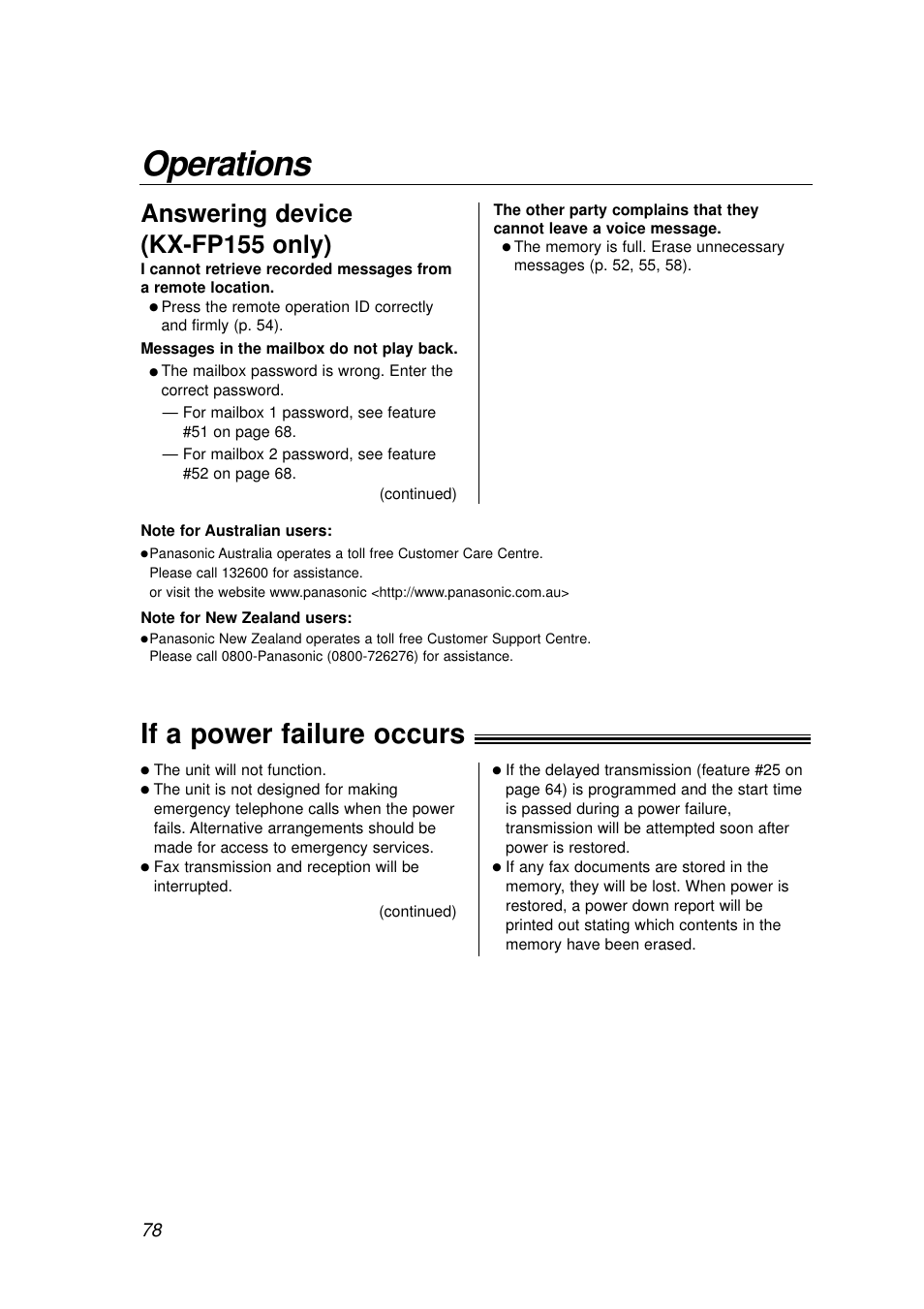 Operations, If a power failure occurs, Answering device (kx-fp155 only) | Panasonic KX-FP155AL User Manual | Page 78 / 88