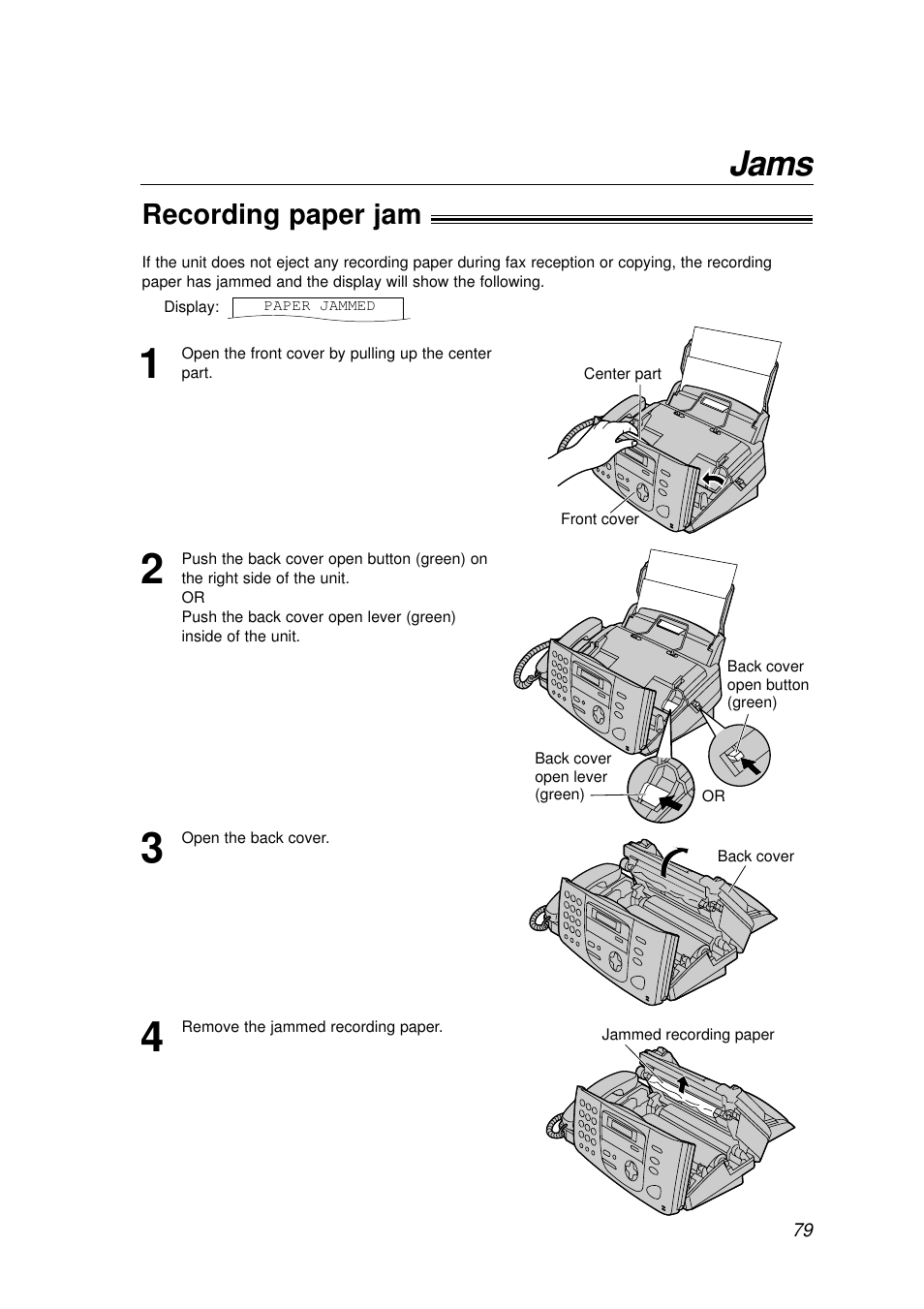 Jams, Recording paper jam | Panasonic KX-FP155AL User Manual | Page 79 / 88