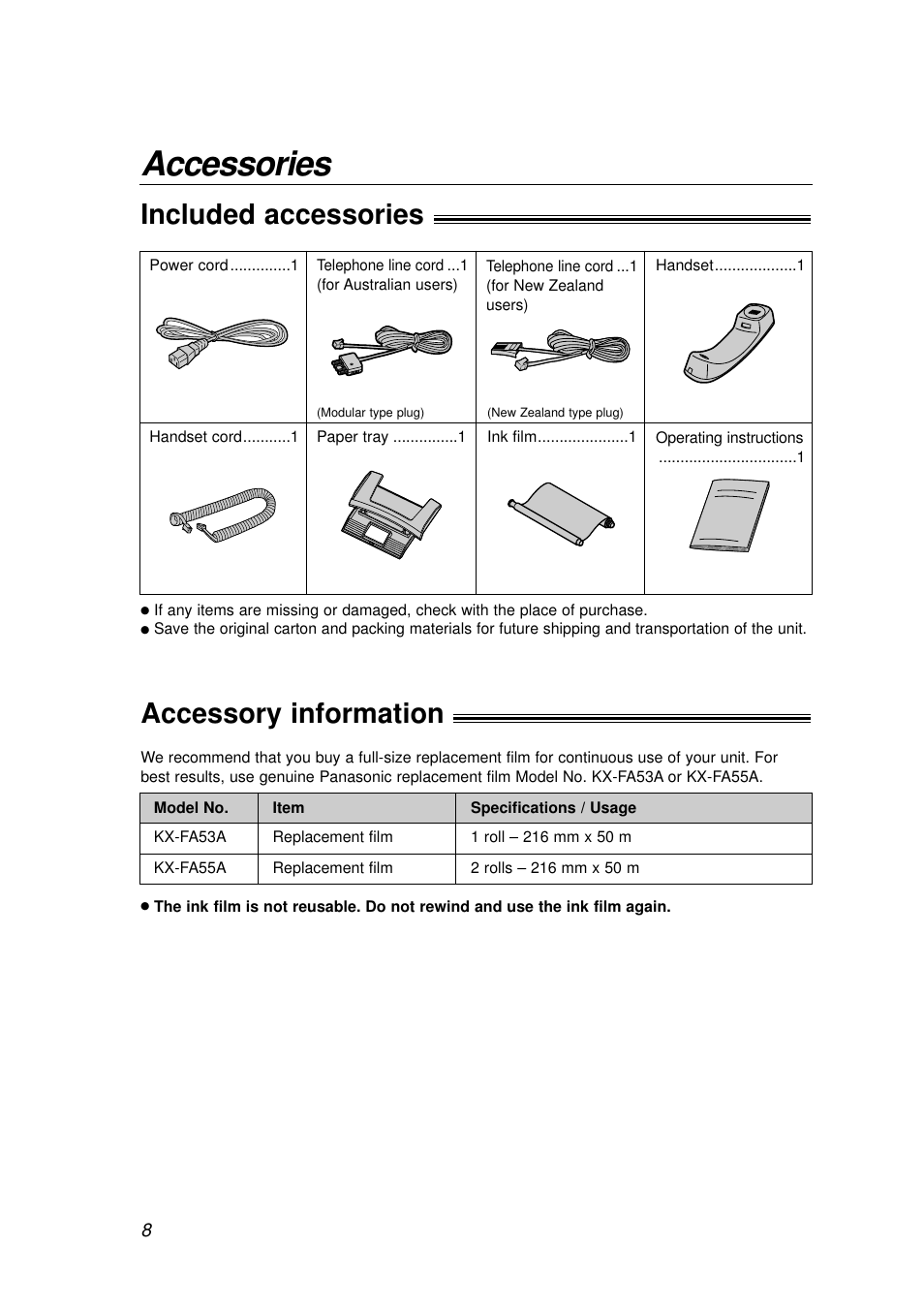 Accessories, Included accessories, Accessory information | Panasonic KX-FP155AL User Manual | Page 8 / 88