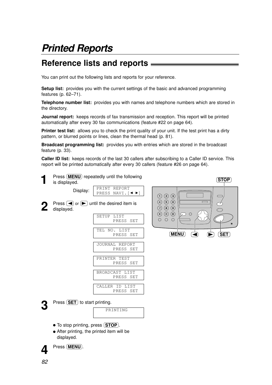 Printed reports, Reference lists and reports | Panasonic KX-FP155AL User Manual | Page 82 / 88