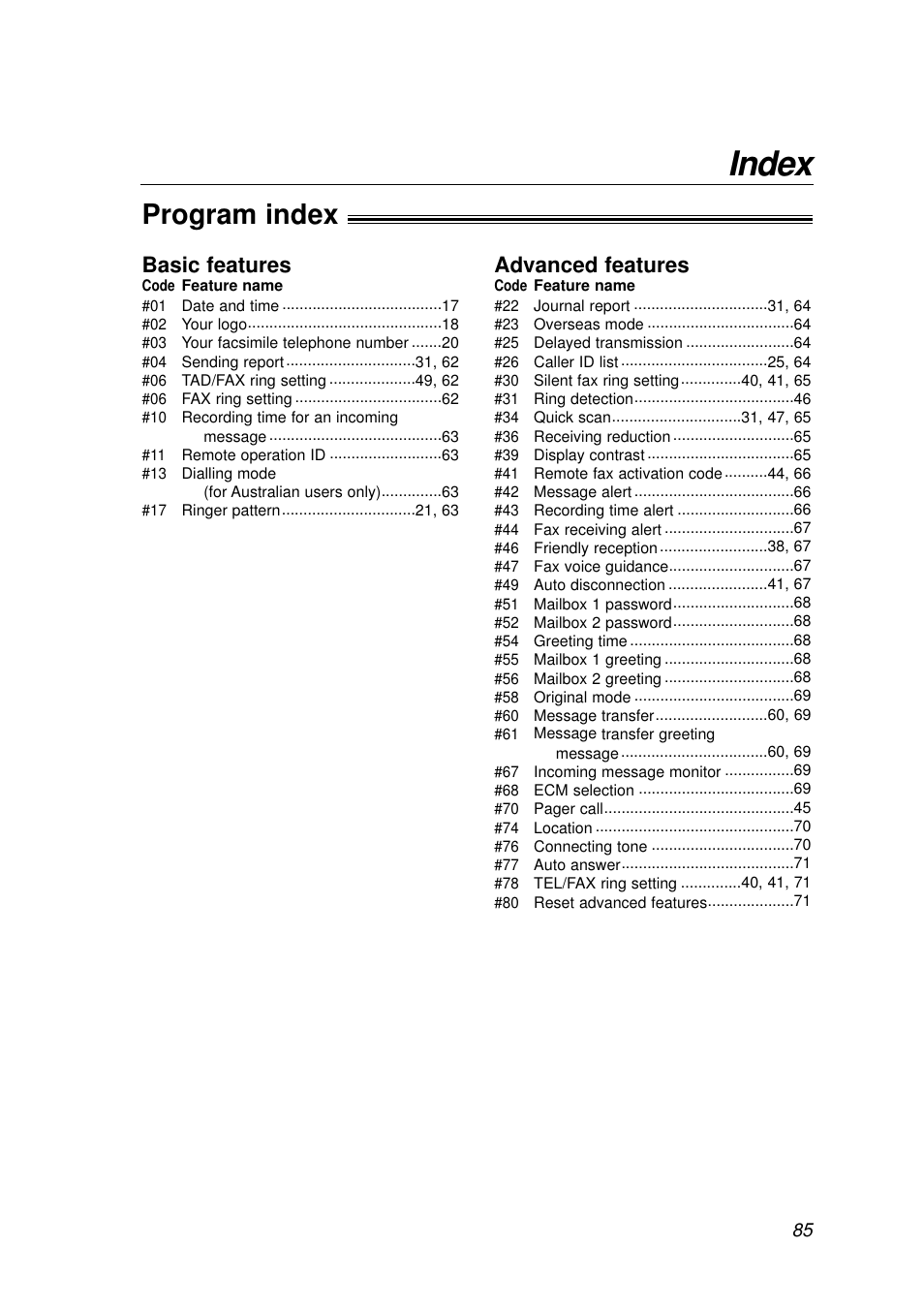 Index, Program index, Basic features | Advanced features | Panasonic KX-FP155AL User Manual | Page 85 / 88