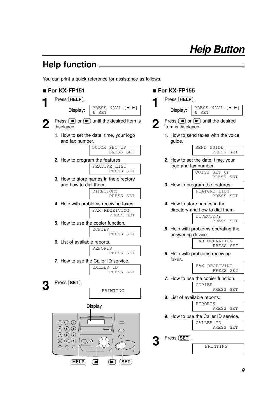 Help button, Help function | Panasonic KX-FP155AL User Manual | Page 9 / 88