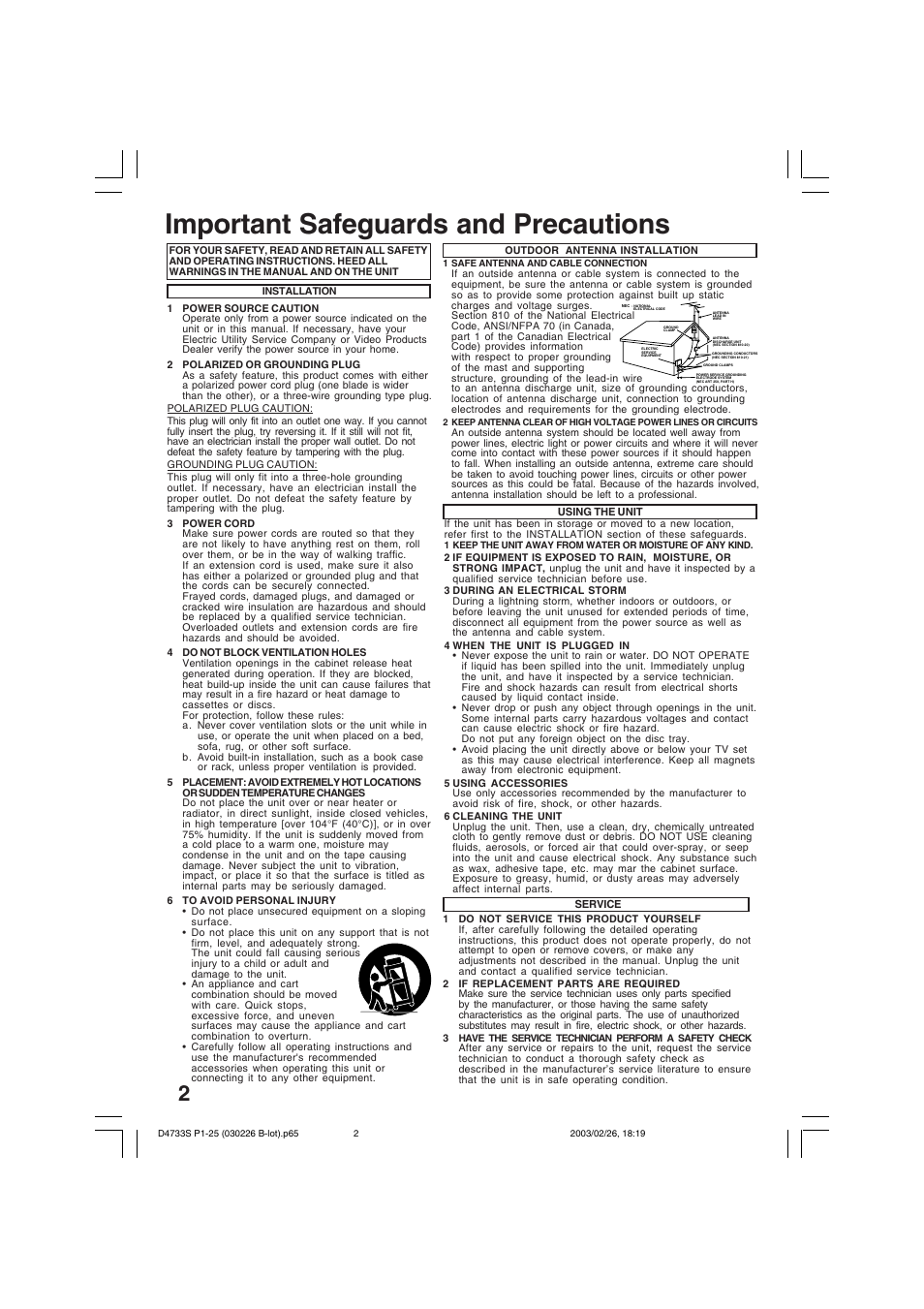 Initial setup (connection), Important safeguards and precautions | Panasonic PV-D4733S User Manual | Page 2 / 64