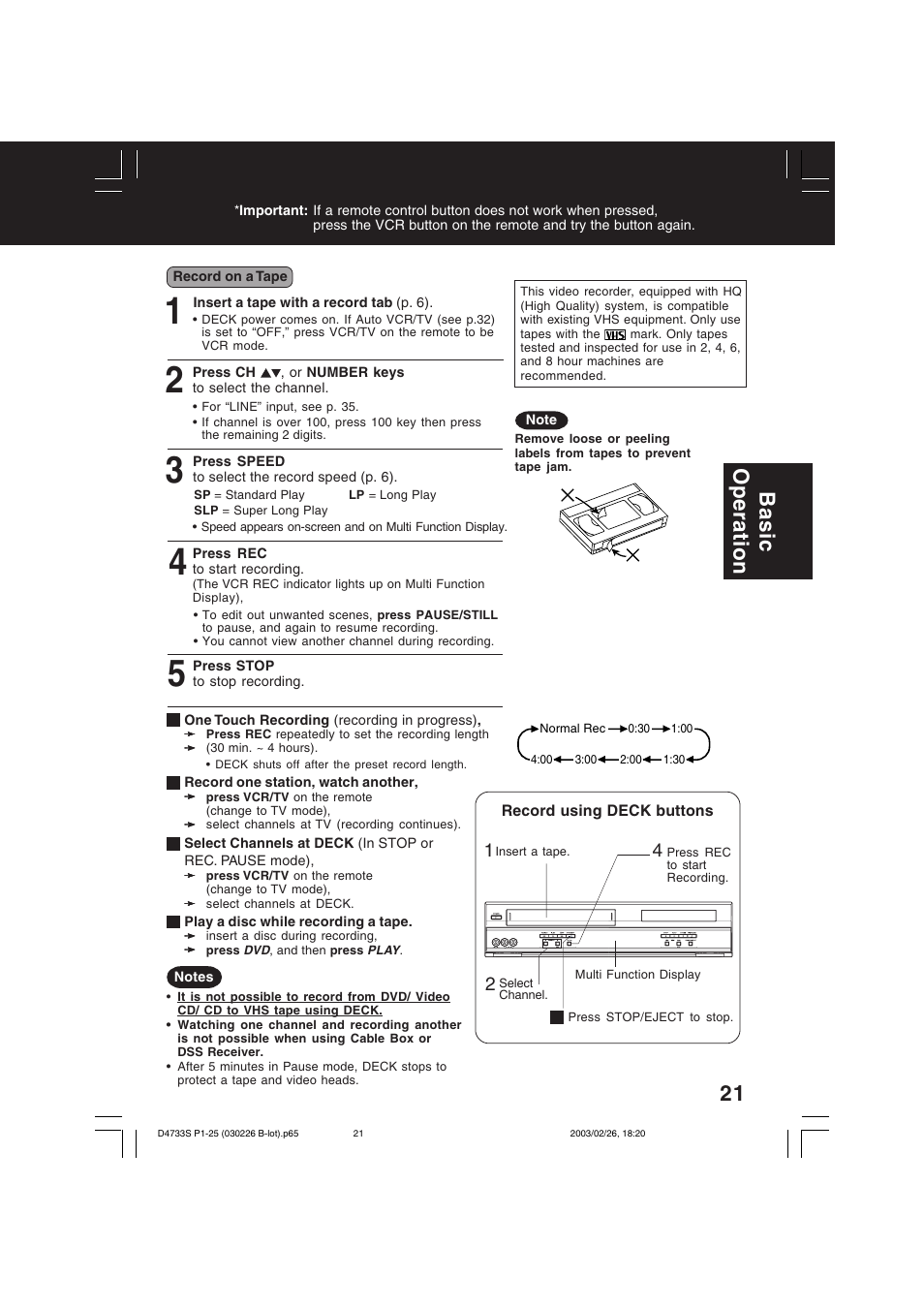 Basic operation | Panasonic PV-D4733S User Manual | Page 21 / 64