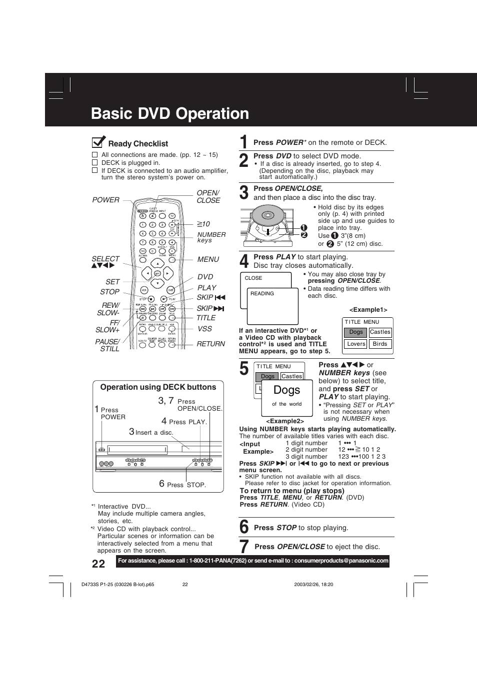 Basic dvd operation, Dogs, Ready checklist | Operation using deck buttons | Panasonic PV-D4733S User Manual | Page 22 / 64