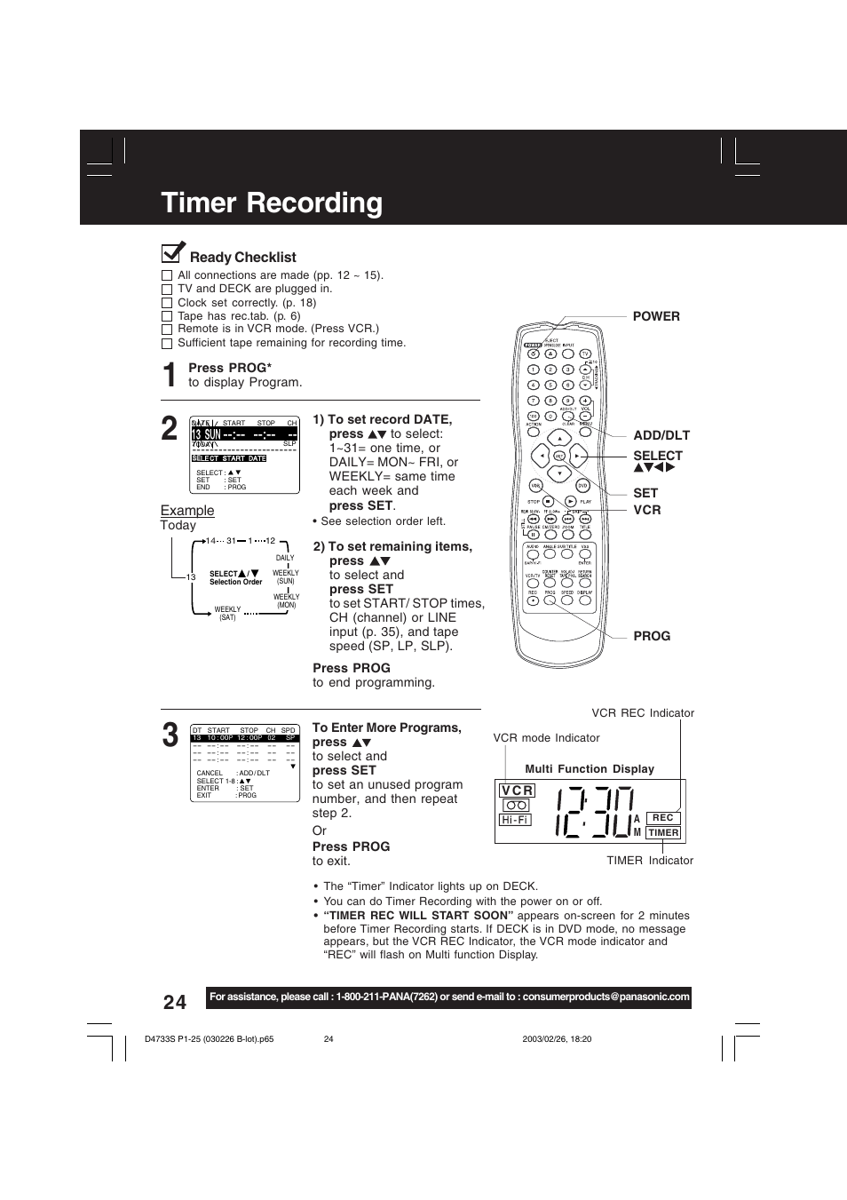 Vcr operation, Timer recording, Example | Ready checklist | Panasonic PV-D4733S User Manual | Page 24 / 64