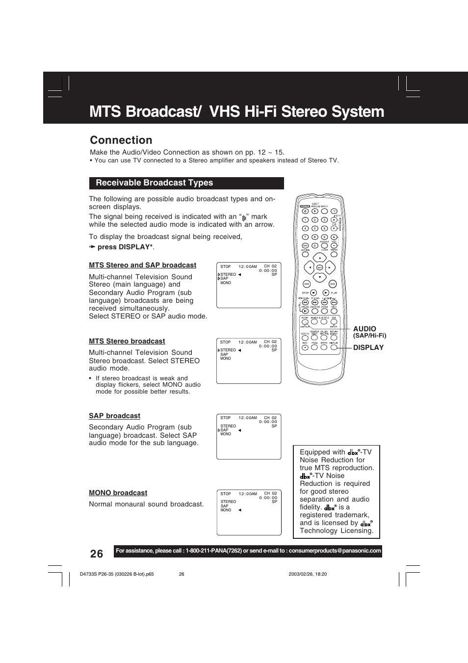 Mts broadcast/ vhs hi-fi stereo system, Connection, Receivable broadcast types | Panasonic PV-D4733S User Manual | Page 26 / 64