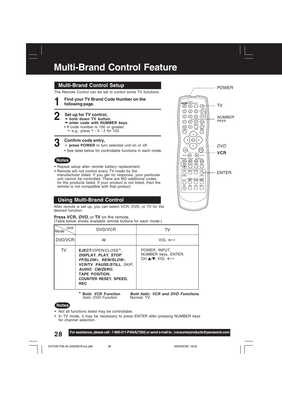 Multi-brand control feature | Panasonic PV-D4733S User Manual | Page 28 / 64