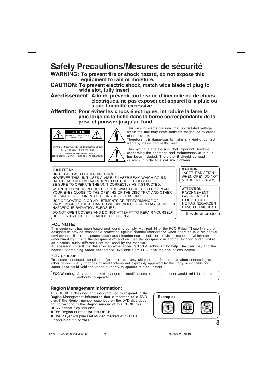 Safety precautions/mesures de sécurité, Warning, Caution | Avertissement, Attention | Panasonic PV-D4733S User Manual | Page 3 / 64