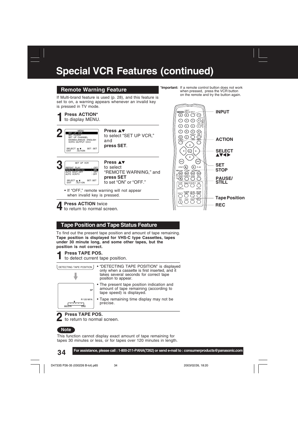 Special vcr features (continued) | Panasonic PV-D4733S User Manual | Page 34 / 64