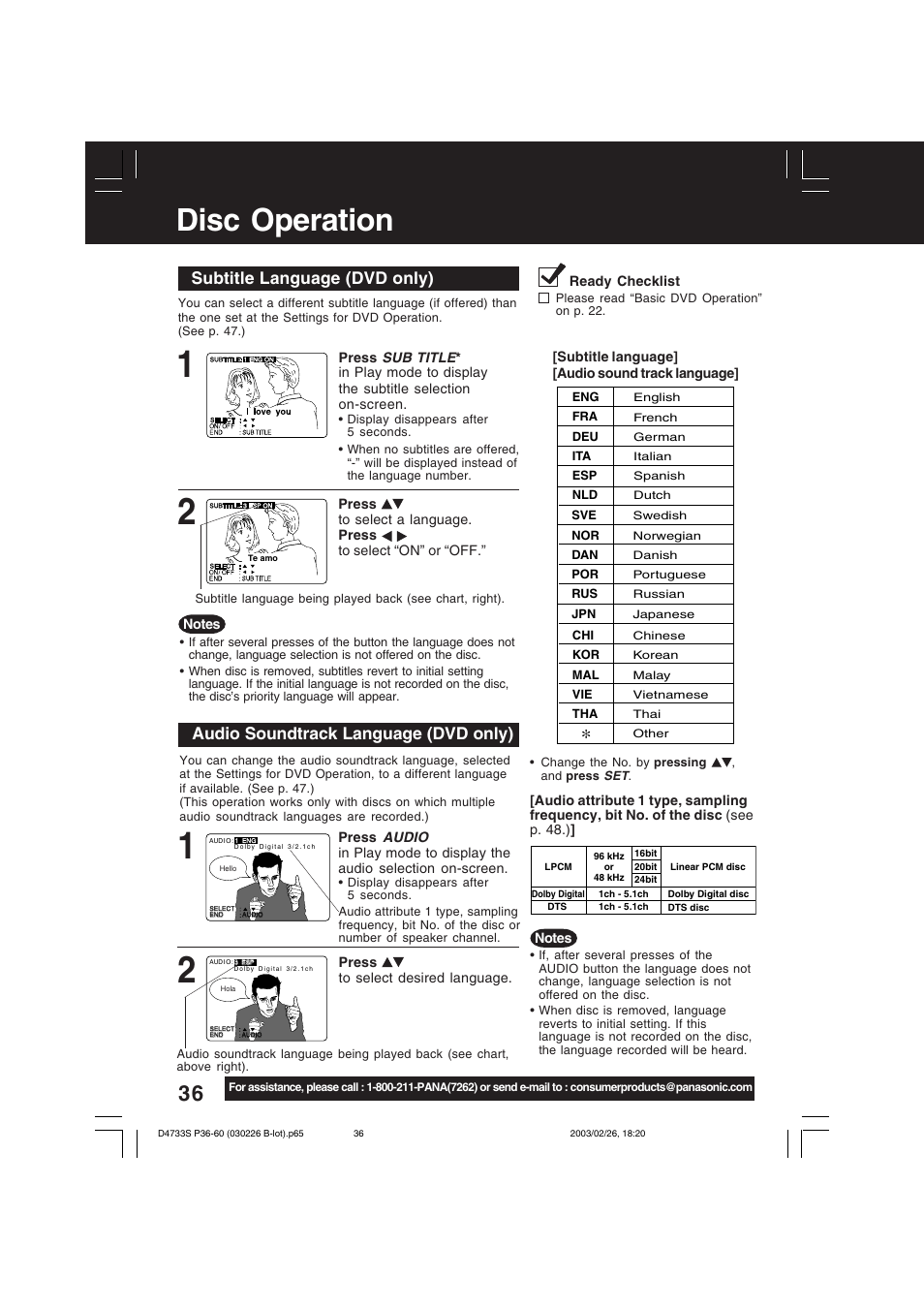 Dvd operation, Disc operation, Subtitle language (dvd only) | Audio soundtrack language (dvd only) | Panasonic PV-D4733S User Manual | Page 36 / 64