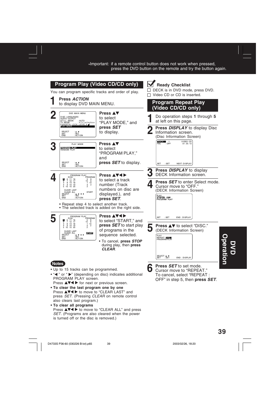 Dv d operation, Program play (video cd/cd only), Program repeat play (video cd/cd only) | Panasonic PV-D4733S User Manual | Page 39 / 64