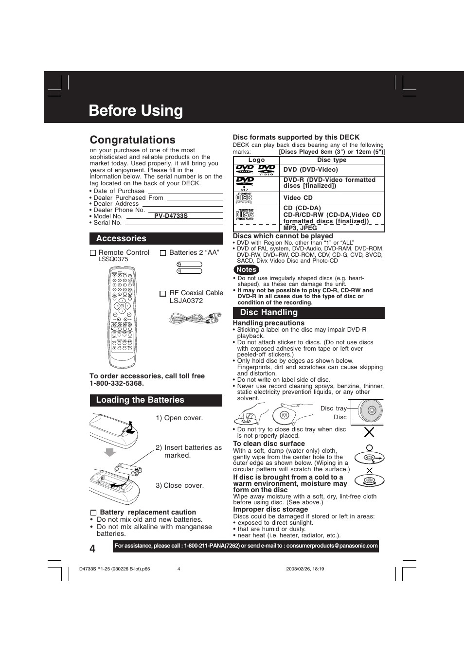 Before using, Accessories, Loading the batteries | Disc handling | Panasonic PV-D4733S User Manual | Page 4 / 64