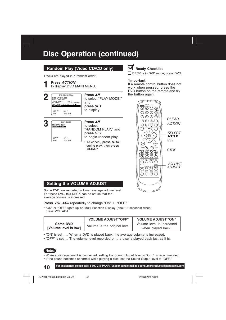 Disc operation (continued), Random play (video cd/cd only), Setting the volume adjust | Panasonic PV-D4733S User Manual | Page 40 / 64