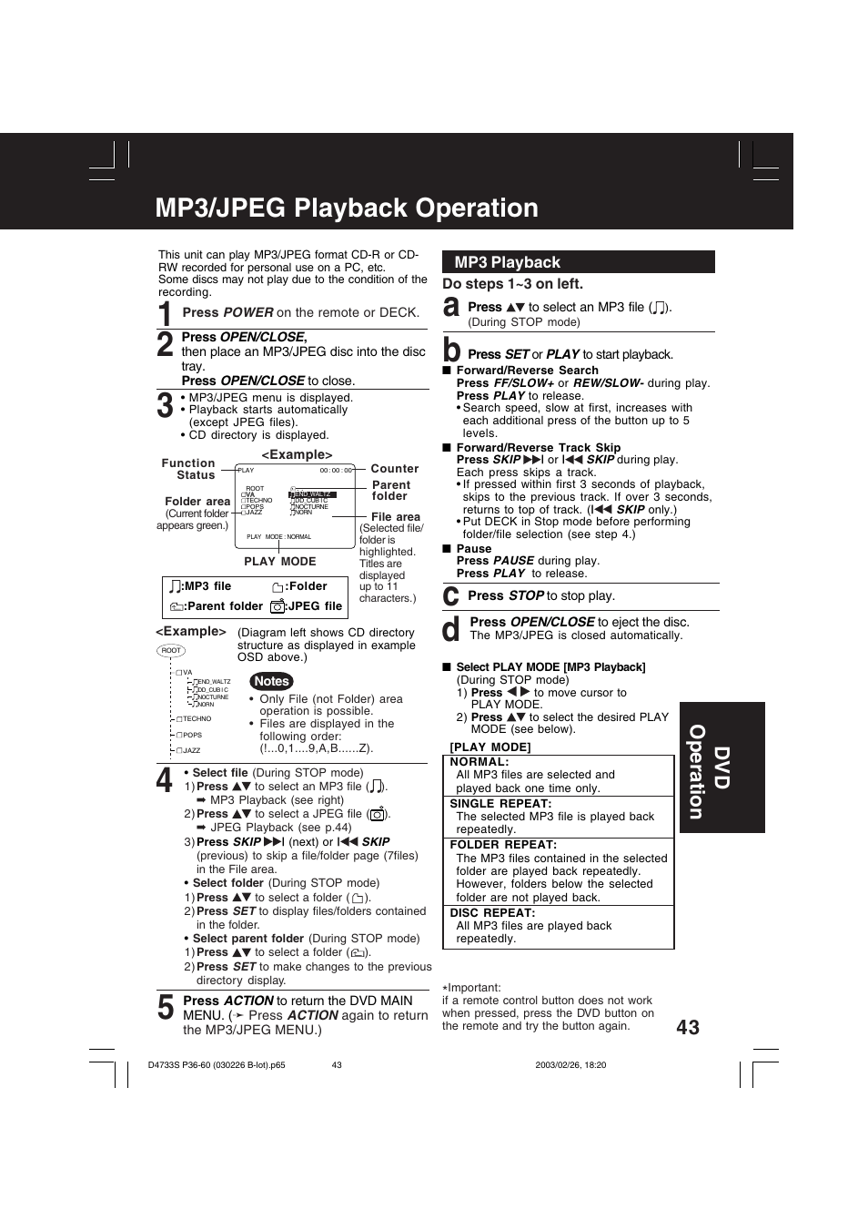 Mp3/jpeg playback operation, A b c d, 43 dv d operation | Mp3 playback | Panasonic PV-D4733S User Manual | Page 43 / 64