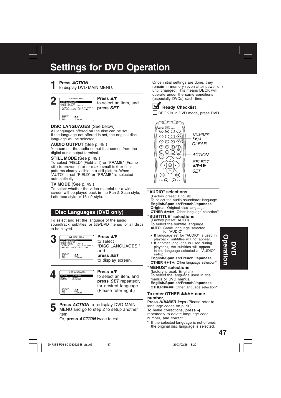 Settings for dvd operation, Dv d operation, Disc languages (dvd only) | Panasonic PV-D4733S User Manual | Page 47 / 64