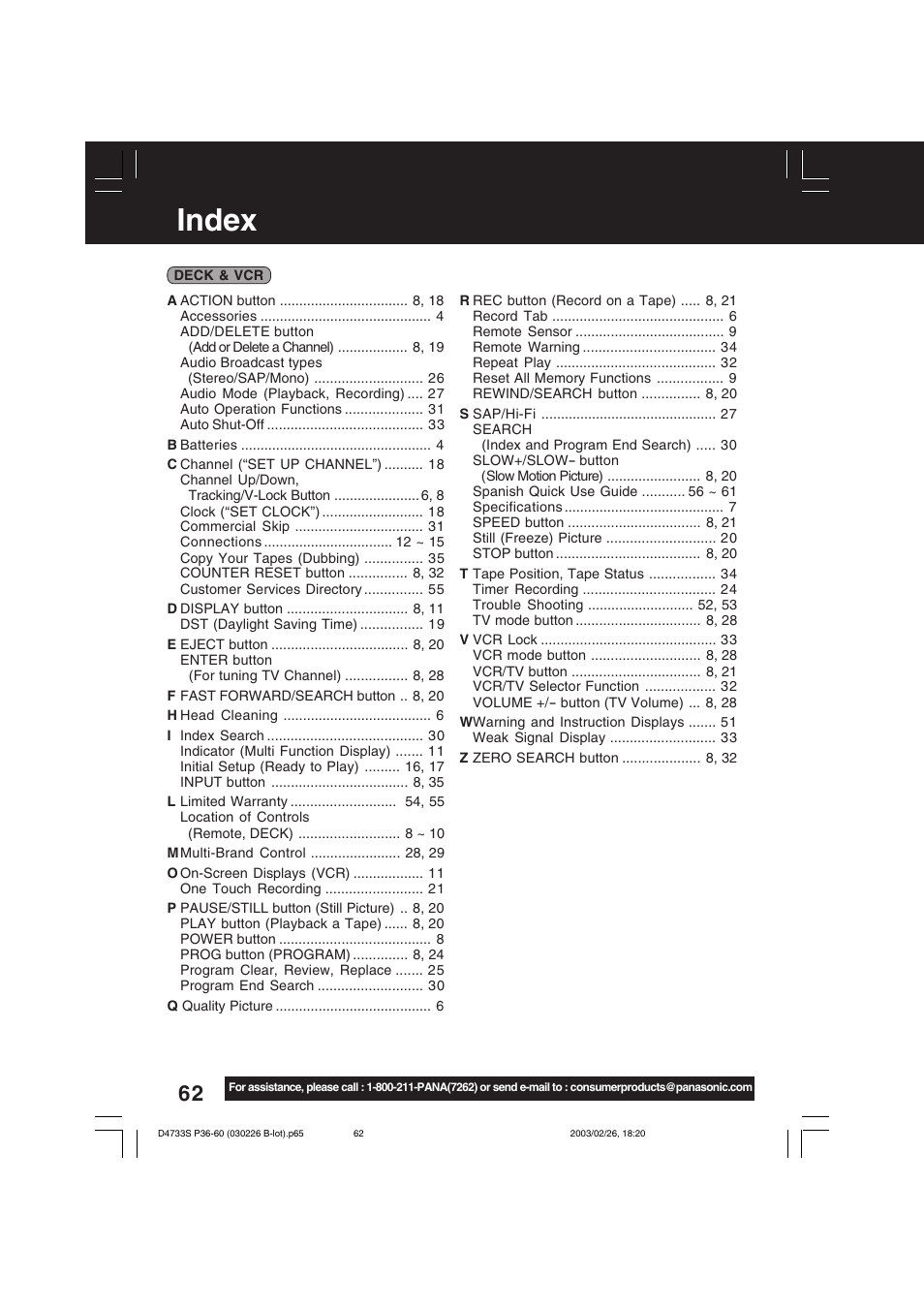 Index | Panasonic PV-D4733S User Manual | Page 62 / 64