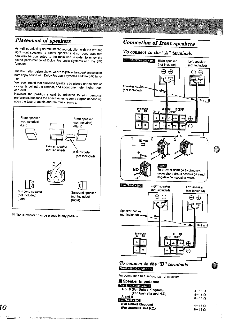 Speaker impedance, For united kingdom) (for australia and n.z.), Placement of speakers | Connection of front speakers | Panasonic SAGX690 User Manual | Page 10 / 24