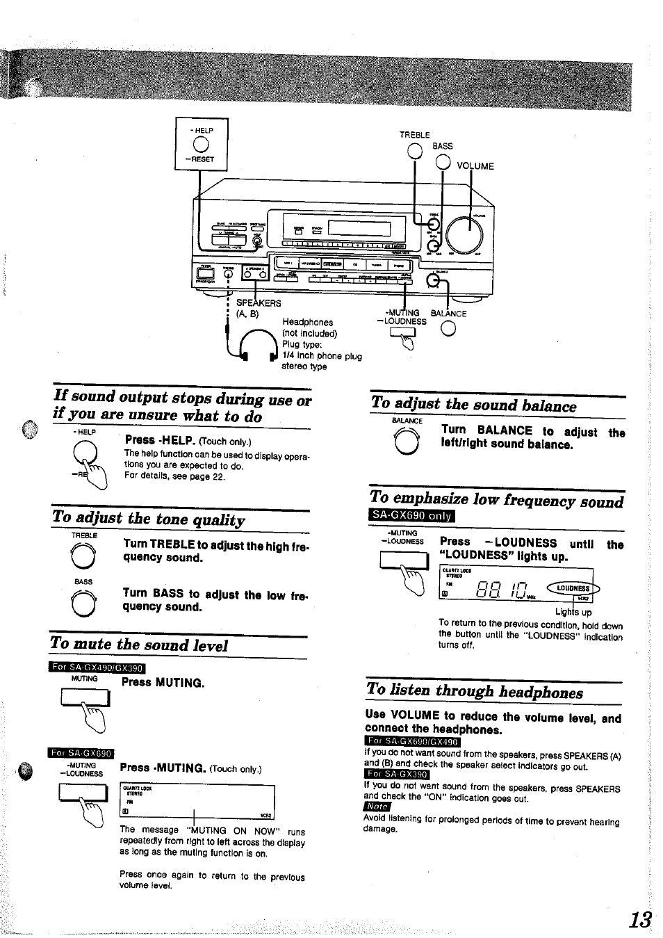 Press muting, Press -muting- (touch only.), Loudness until “loudness” lights up | Panasonic SAGX690 User Manual | Page 13 / 24