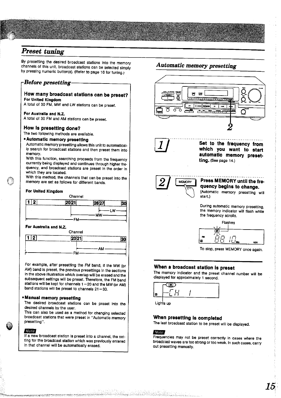 For australia and n.z, Rbeiore presetting | Panasonic SAGX690 User Manual | Page 15 / 24