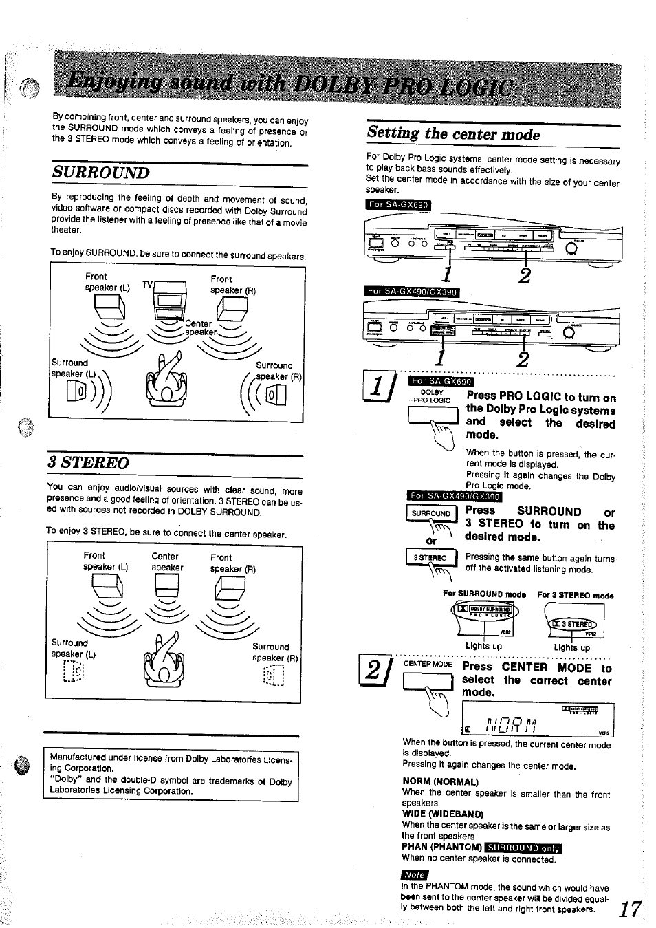 Surround, 3 stereo, Setting the center mode | J pross | Panasonic SAGX690 User Manual | Page 17 / 24