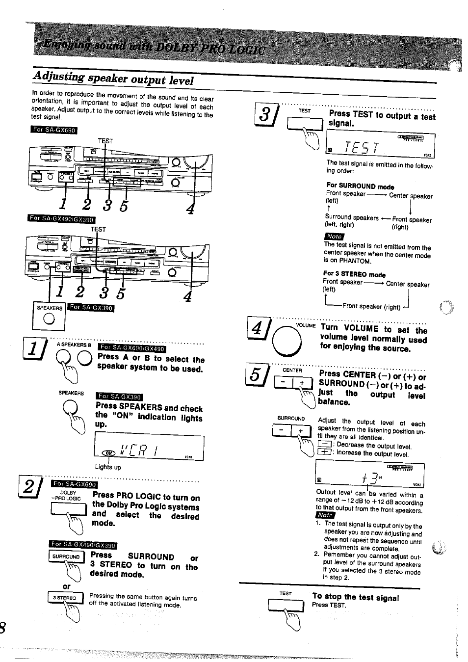 For surround mode, For 3 stereo mode | Panasonic SAGX690 User Manual | Page 18 / 24